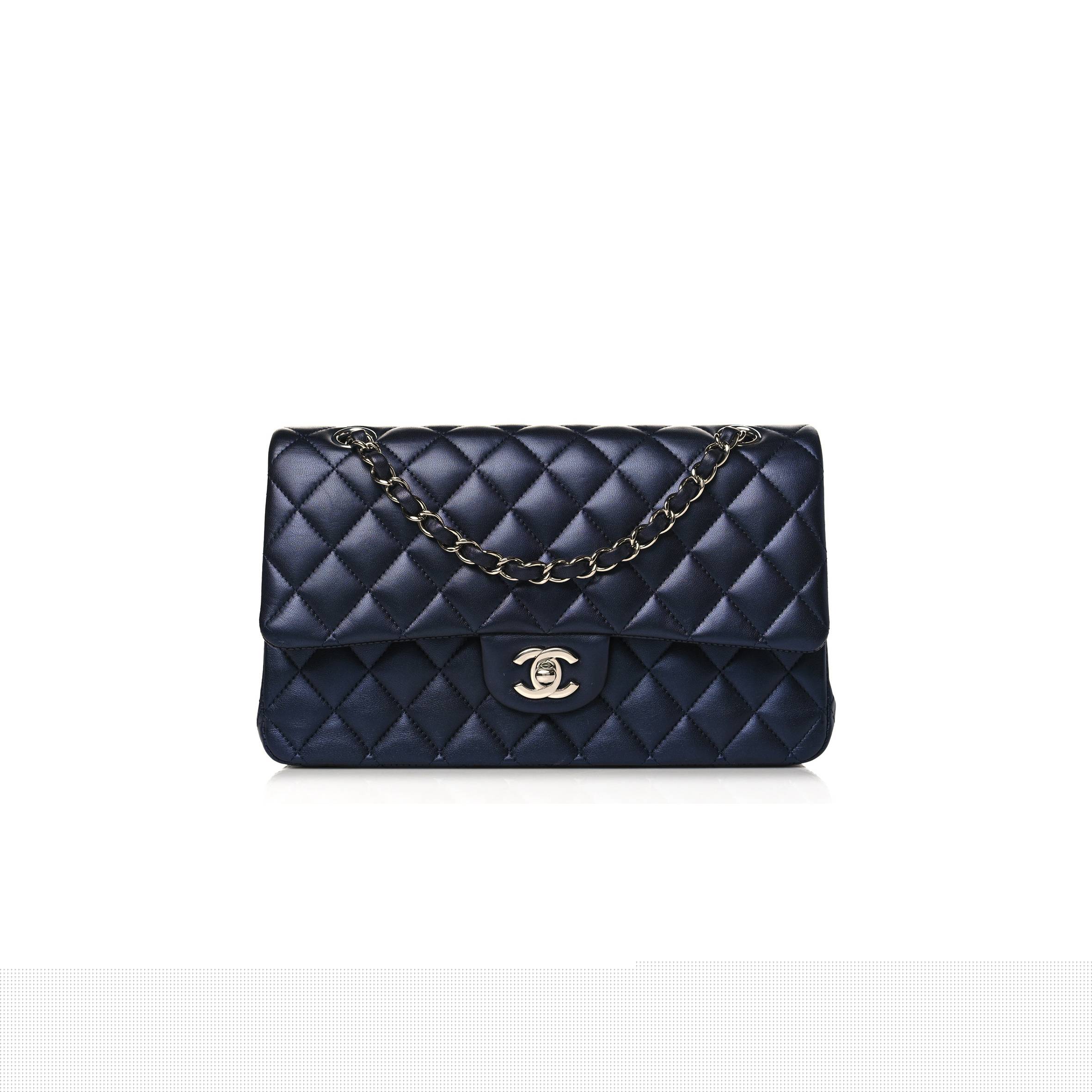 Ch*el iridescent calfskin quilted medium double flap navy (25*15*6cm)