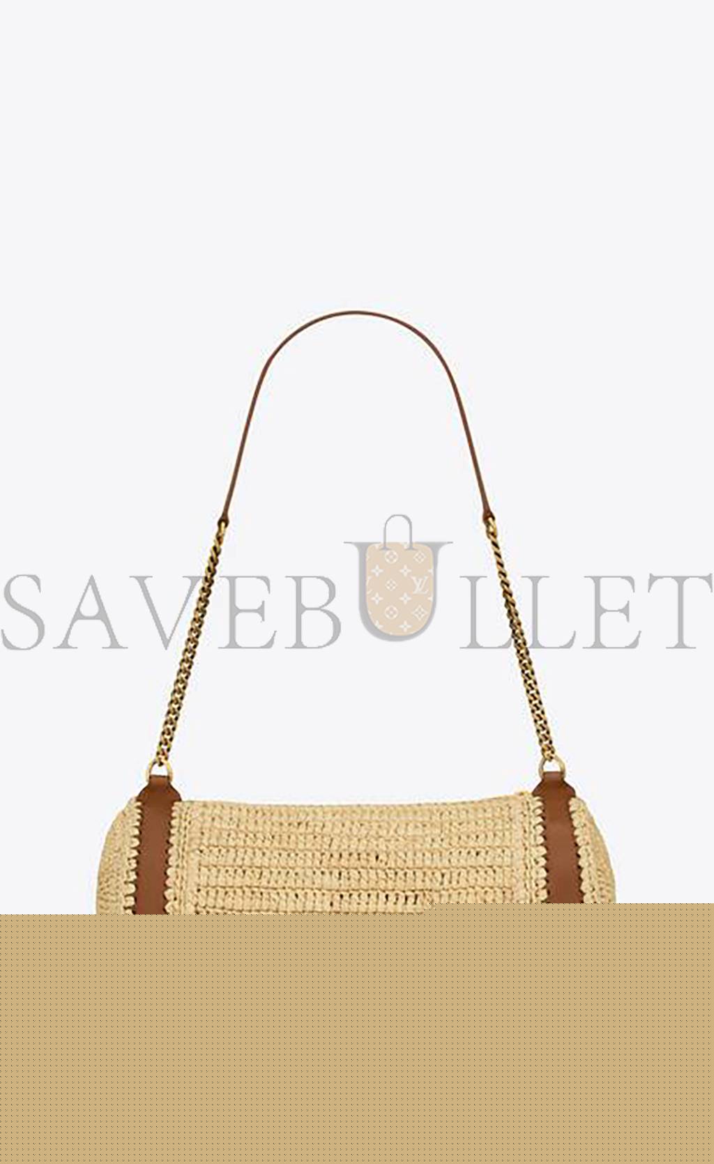 YSL CASSANDRE SMALL CYLINDRIC BAG IN RAFFIA AND VEGETABLE-TANNED LEATHER 744504GAABN2080 (24.5*11*11cm)