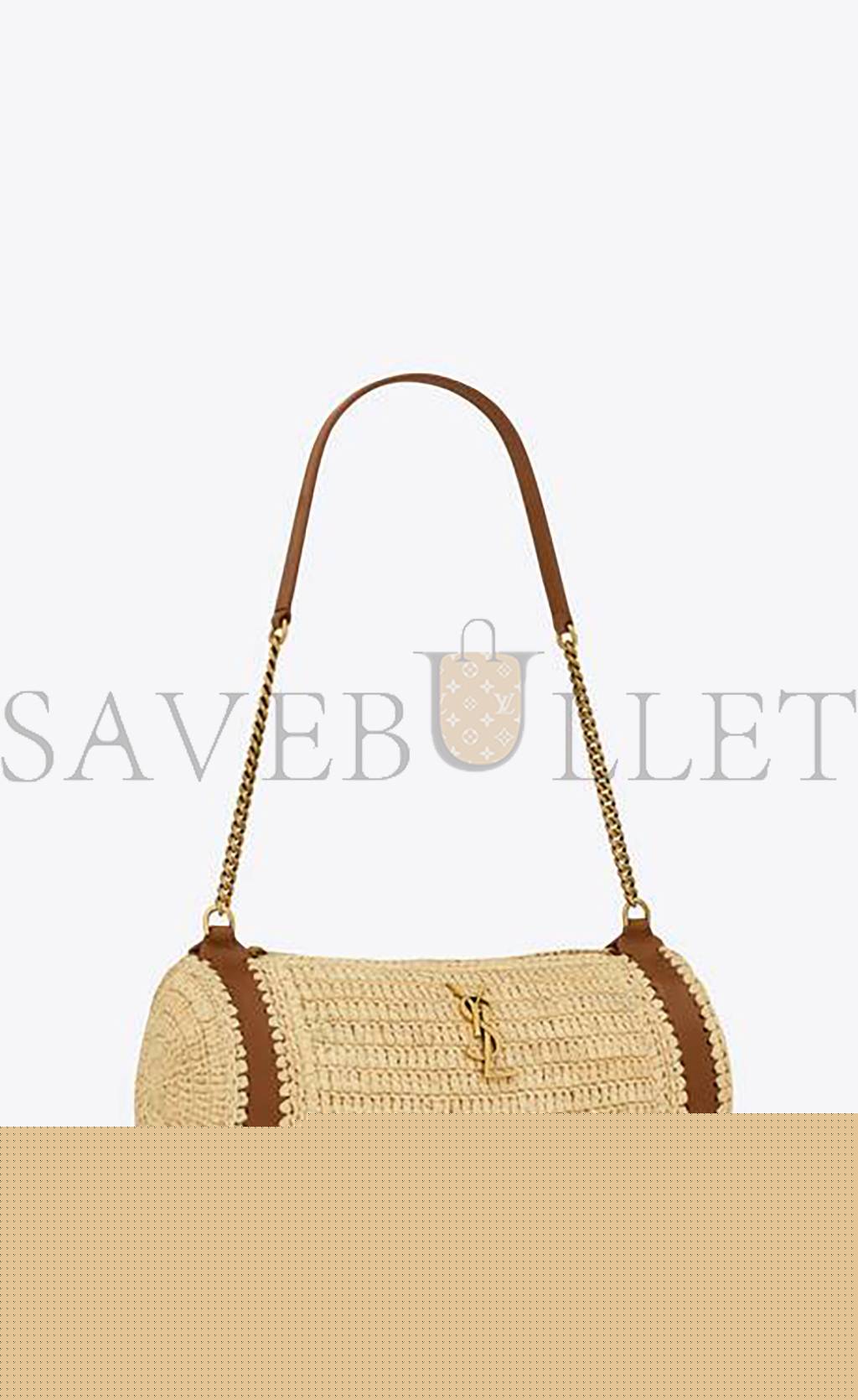 YSL CASSANDRE SMALL CYLINDRIC BAG IN RAFFIA AND VEGETABLE-TANNED LEATHER 744504GAABN2080 (24.5*11*11cm)