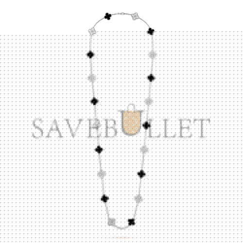 VAN CLEEF ARPELS VINTAGE ALHAMBRA LONG NECKLACE, 20 MOTIFS - WHITE GOLD, DIAMOND, ONYX  VCARP2R800