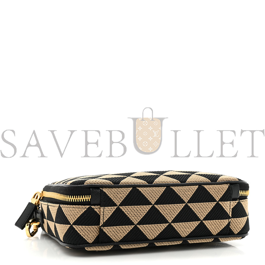 Pra*a jacquard saffiano triangolo symbole embroidered small shoulder bag black corda (23*17*7cm)