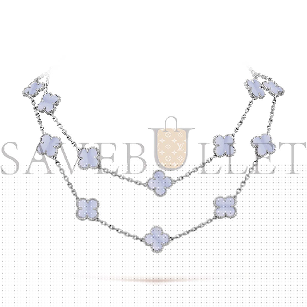 VAN CLEEF ARPELS VINTAGE ALHAMBRA LONG NECKLACE, 20 MOTIFS - WHITE GOLD, CHALCEDONY VCARD80900