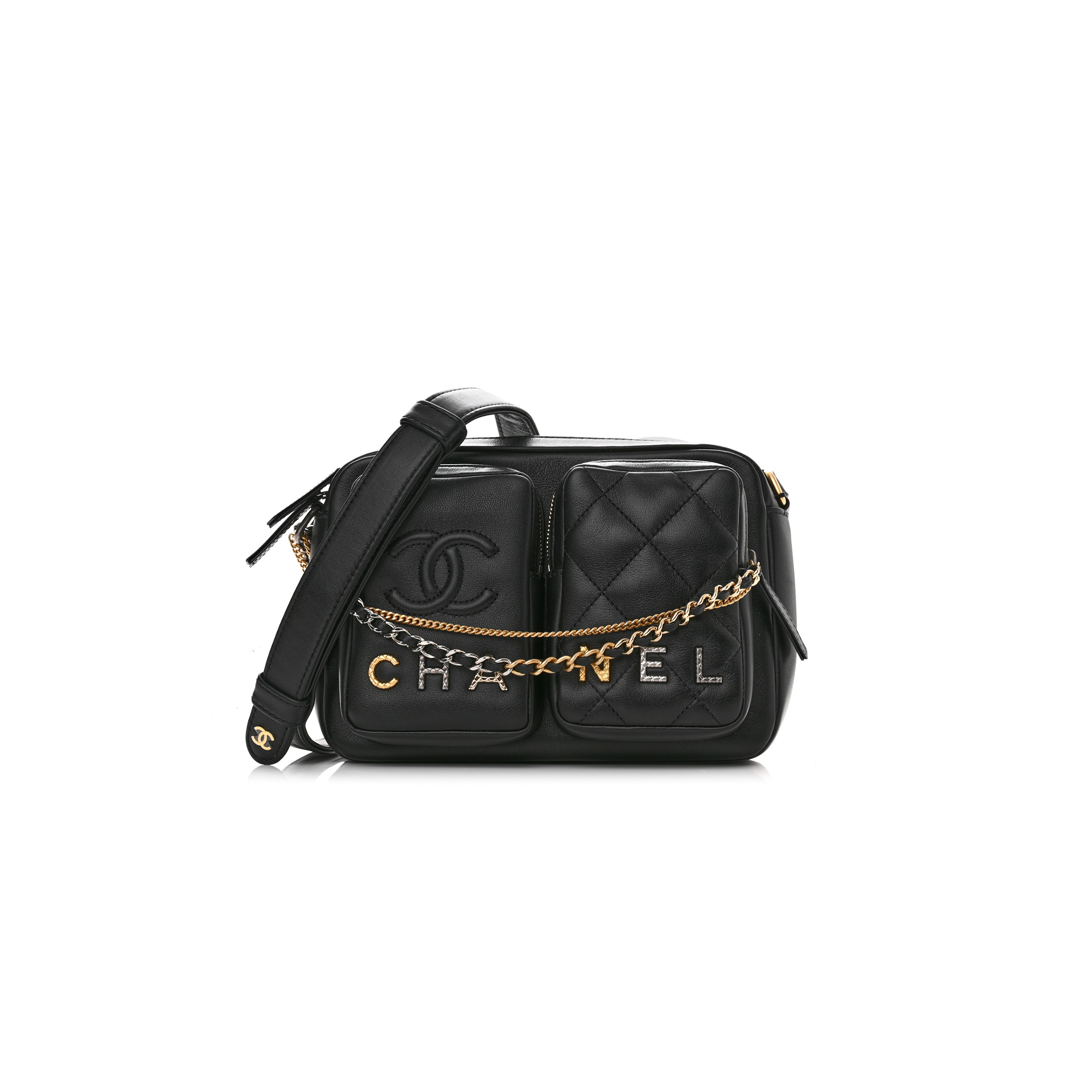 Ch*el master calfskin quilted small camera case black as2923 (20.5*14.5*9cm)