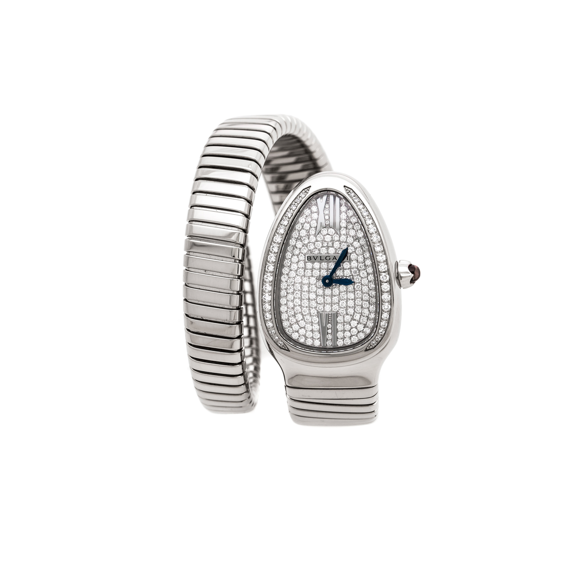 B*l*ai diamond pave 18k white gold serpenti tubogas women''s wristwatch 102005