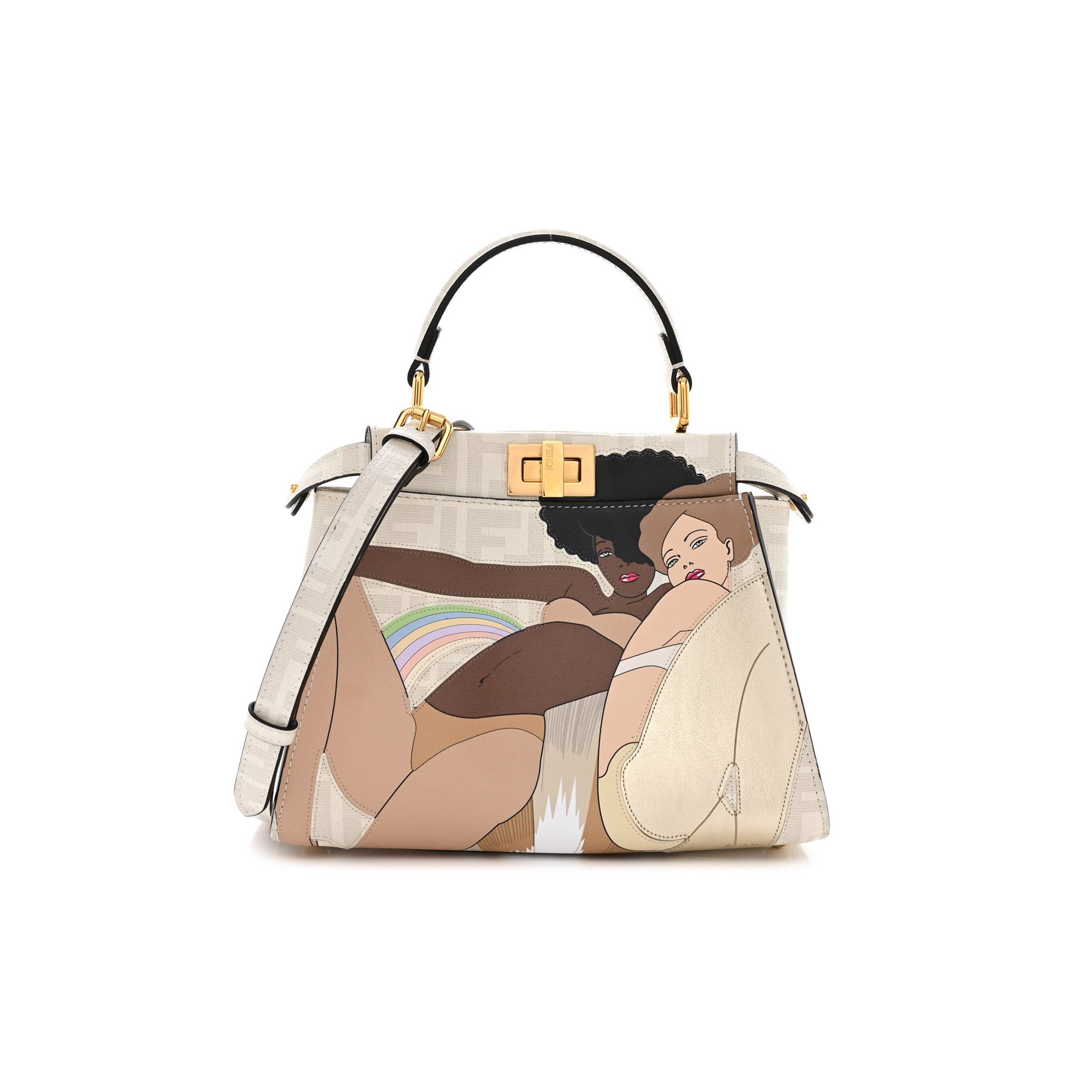 F**di glazed fabric vitello ff bikini girls inlay mini peekaboo iconic satchel bianco perla multicolor (24*18*13cm)