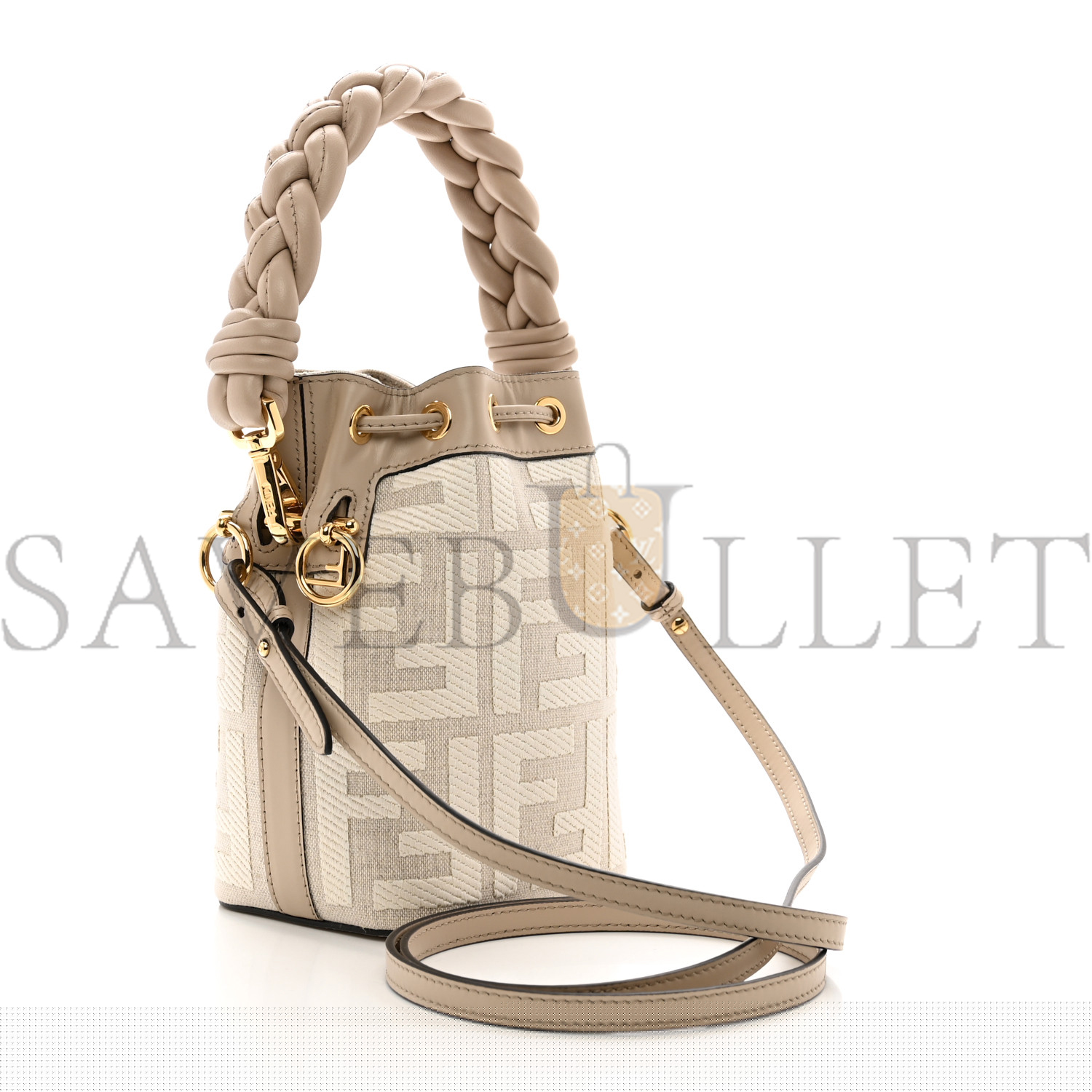F**di canvas nappa f is F**di ff embroidered mini mon tresor bucket bag grezzo white nuvola (18*12*10cm)