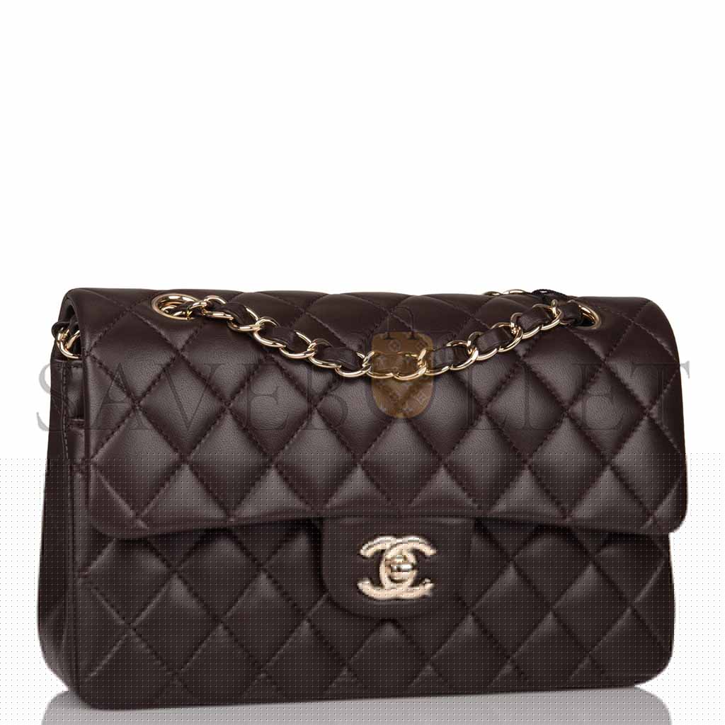 Ch*el classic double flap bag dark brown lambskin light gold hardware as1117 (23*14.5*6cm)
