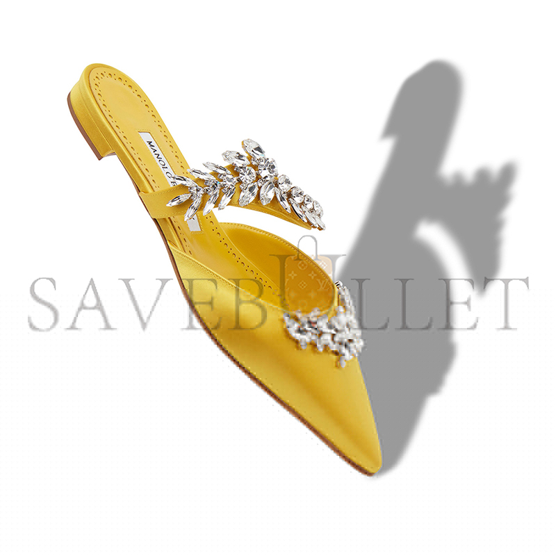 MANOLO BLAHNIK LURUMFLATUS YELLOW SATIN CRYSTAL EMBELLISHED FLAT MULES 122-1947-0004
