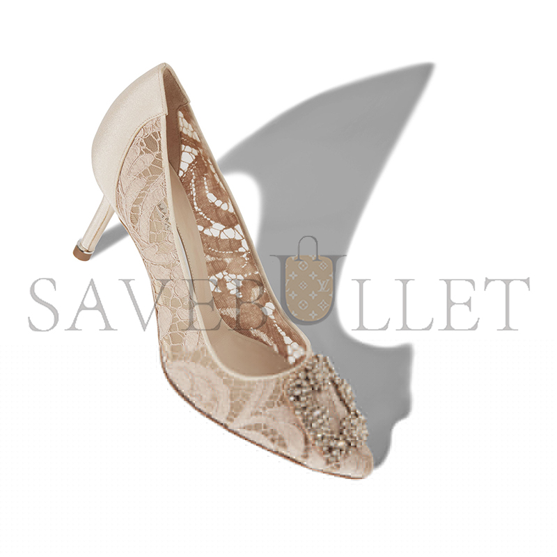 MANOLO BLAHNIK HANGISI LACE 70 BEIGE LACE JEWEL BUCKLE PUMPS 9XX-0701-0017