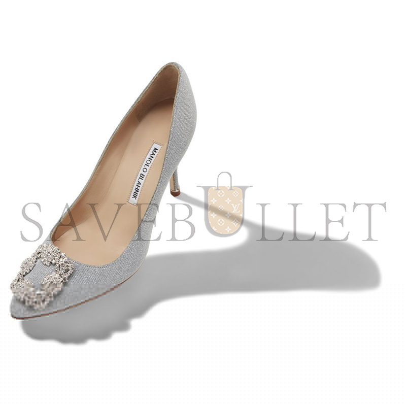 MANOLO BLAHNIK HANGISI GLITTER 90 SILVER GLITTER FABRIC JEWEL BUCKLE PUMPS 9XX-0599-0016