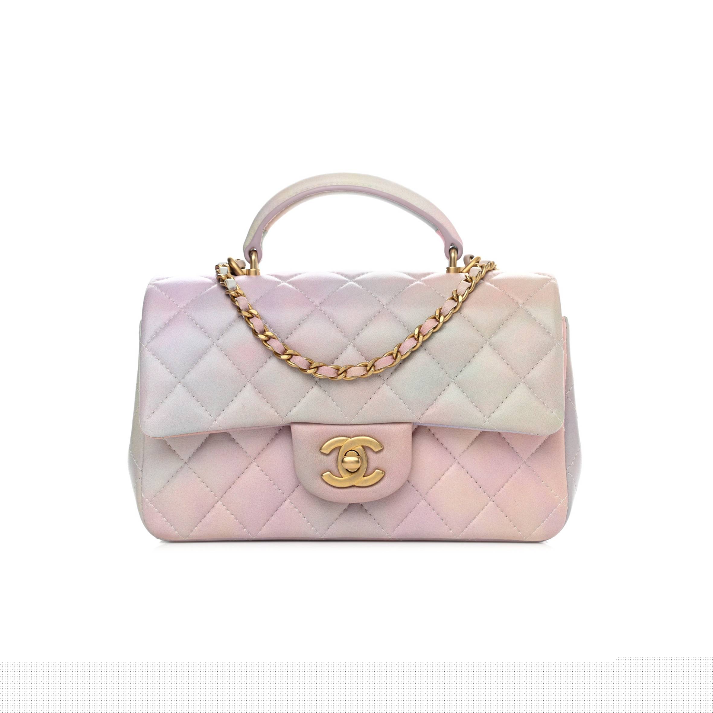 Ch*el lambskin quilted ombre mini top handle rectangular flap pink multicolor gold hardware (20*13*6cm)