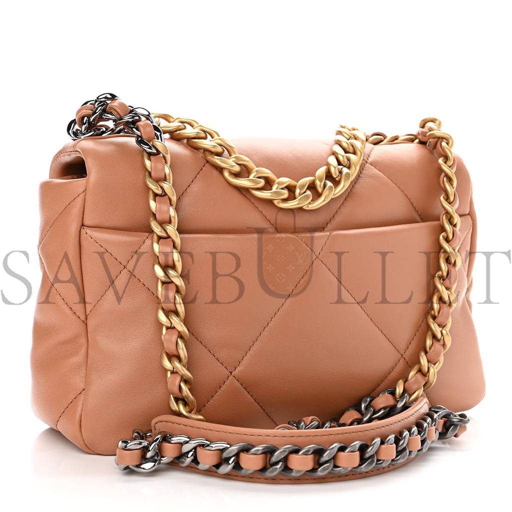 Ch*el lambskin quilted medium Ch*el 19 flap light brown gold hardware (25*17*8cm)
