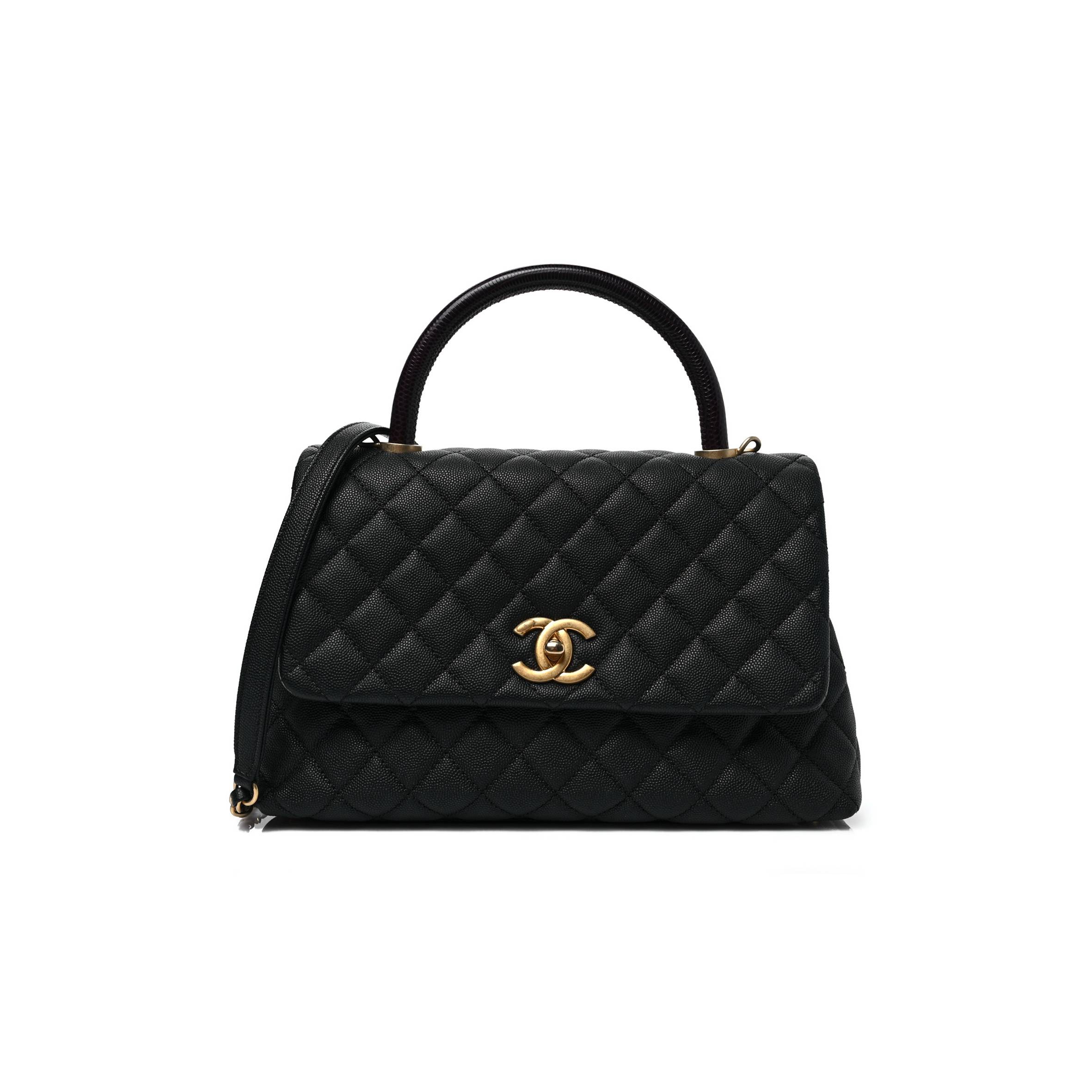 Ch*el caviar lizard embossed quilted small coco handle flap black gold hardware (29*18*11cm)