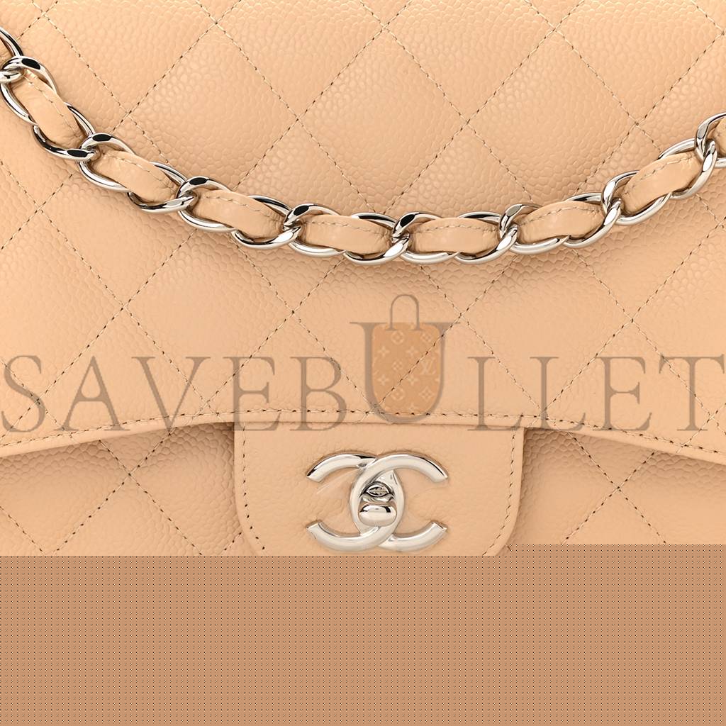 Ch*el caviar quilted jumbo double flap beige silver hardware (30*19*9cm)