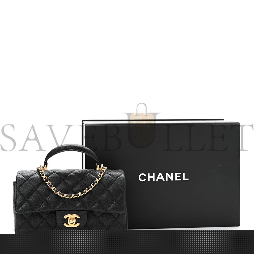 Ch*el caviar quilted mini top handle rectangular flap black gold hardware (20*12*7cm)