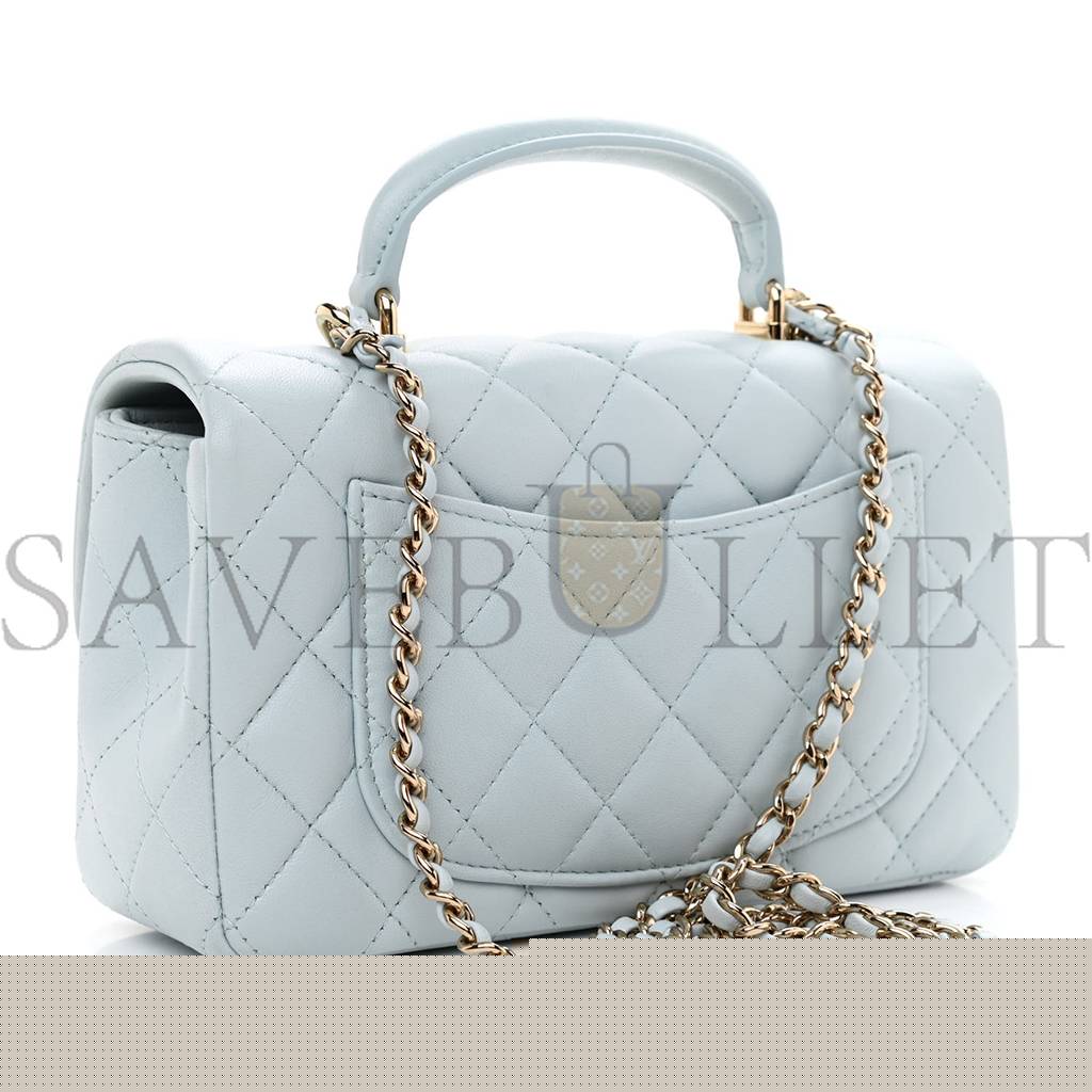 Ch*el lambskin quilted mini top handle rectangular flap light blue rose gold hardware (19*12*6cm)
