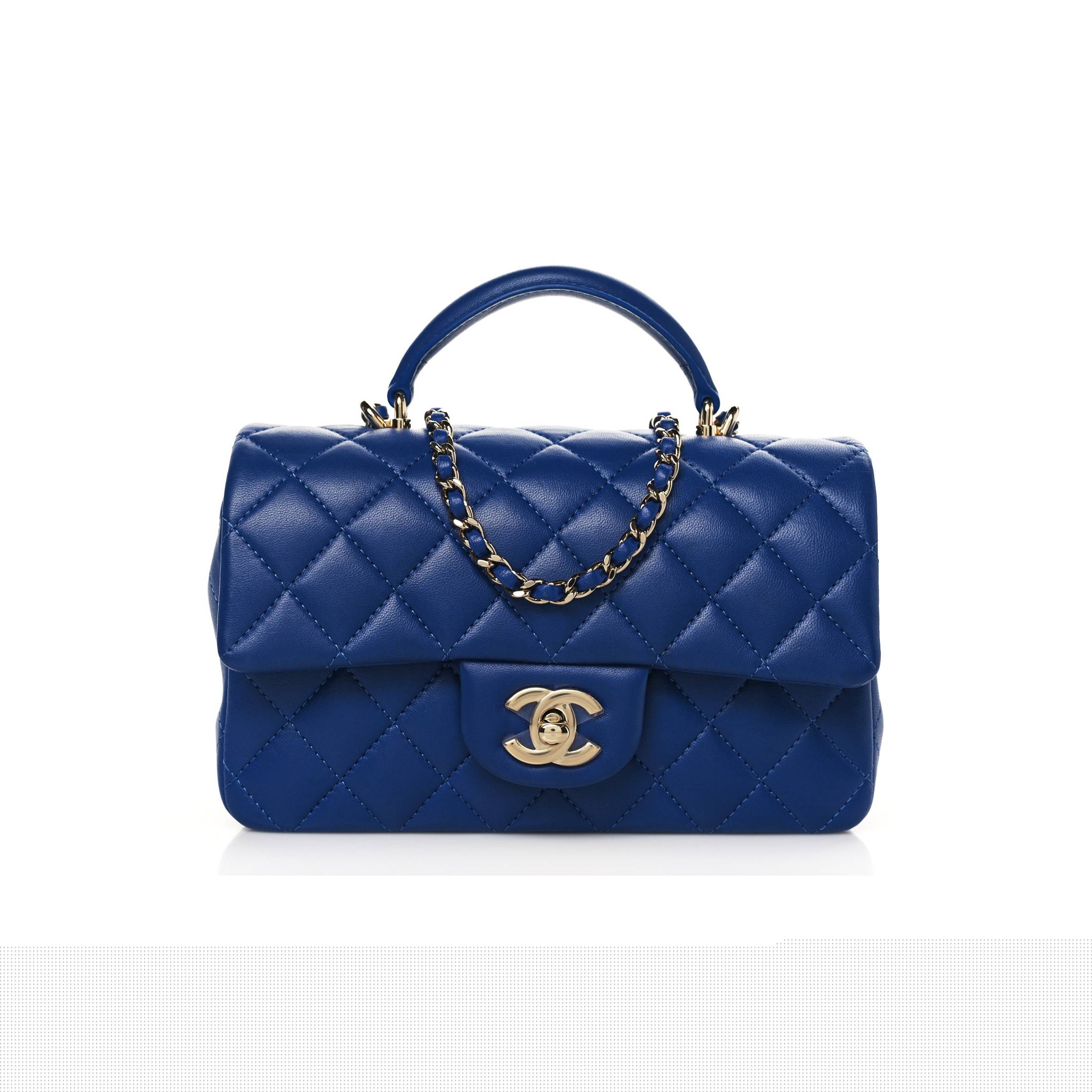 Ch*el lambskin quilted mini top handle rectangular flap blue rose gold hardware (20*12*6cm)