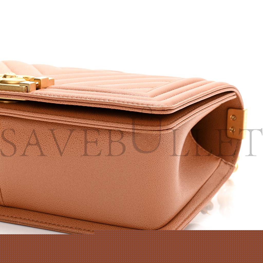 Ch*el caviar chevron quilted medium boy flap brown gold hardware (25*15*6cm)