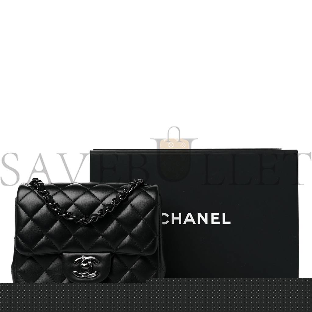 Ch*el lambskin quilted mini square flap so black silver hardware (17*12*7cm)