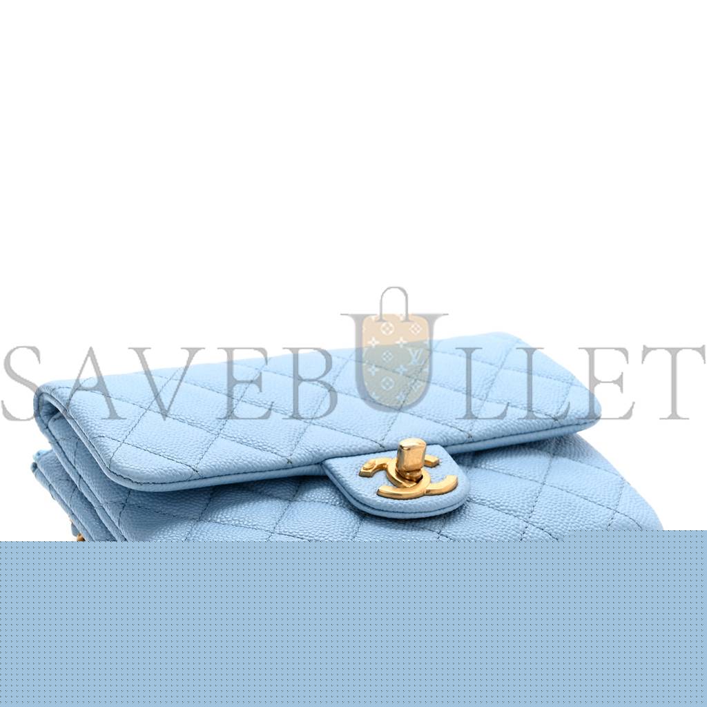 Ch*el shiny caviar pick me up flap belt bag light blue gold hardware (17*13*3cm)