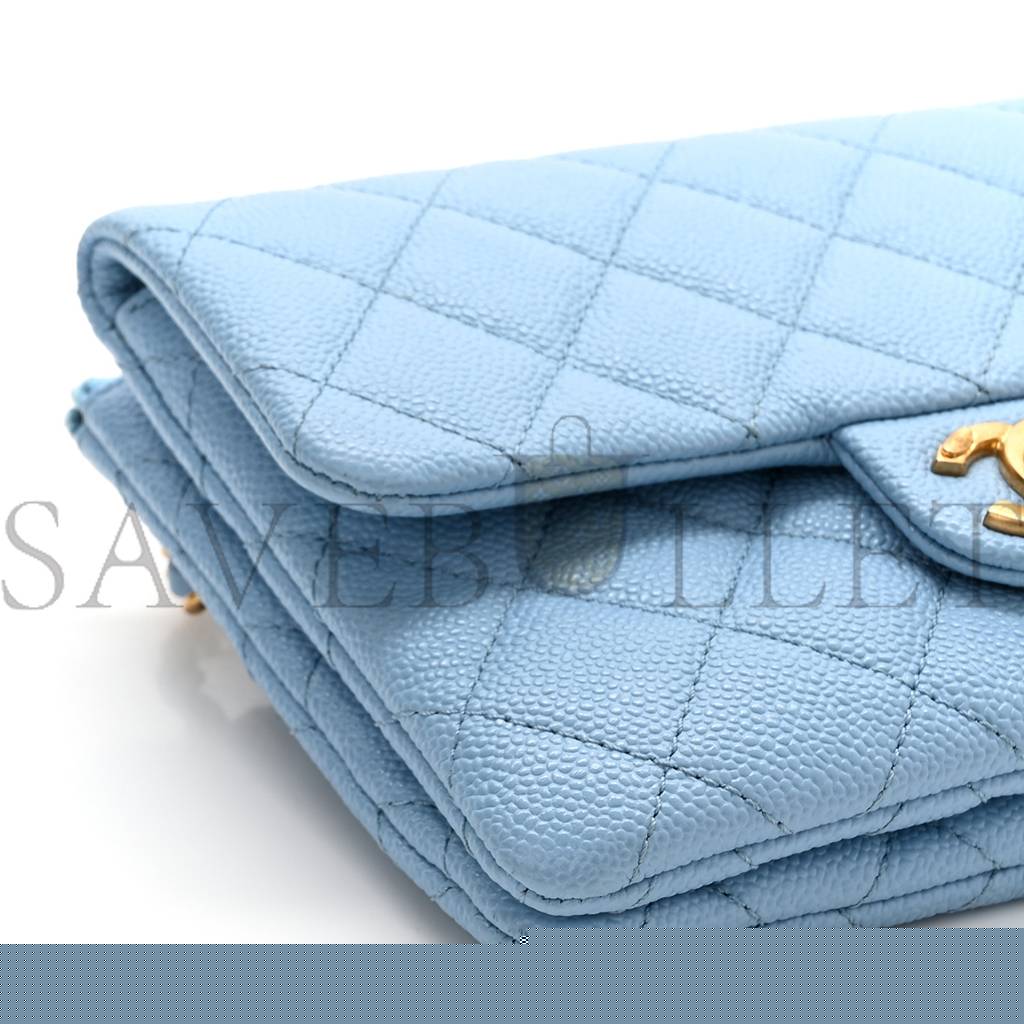 Ch*el shiny caviar pick me up flap belt bag light blue gold hardware (17*13*3cm)