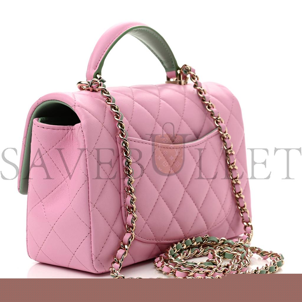 Ch*el lambskin quilted mini top handle rectangular flap lilac light green rose gold hardware (20*12*6cm)