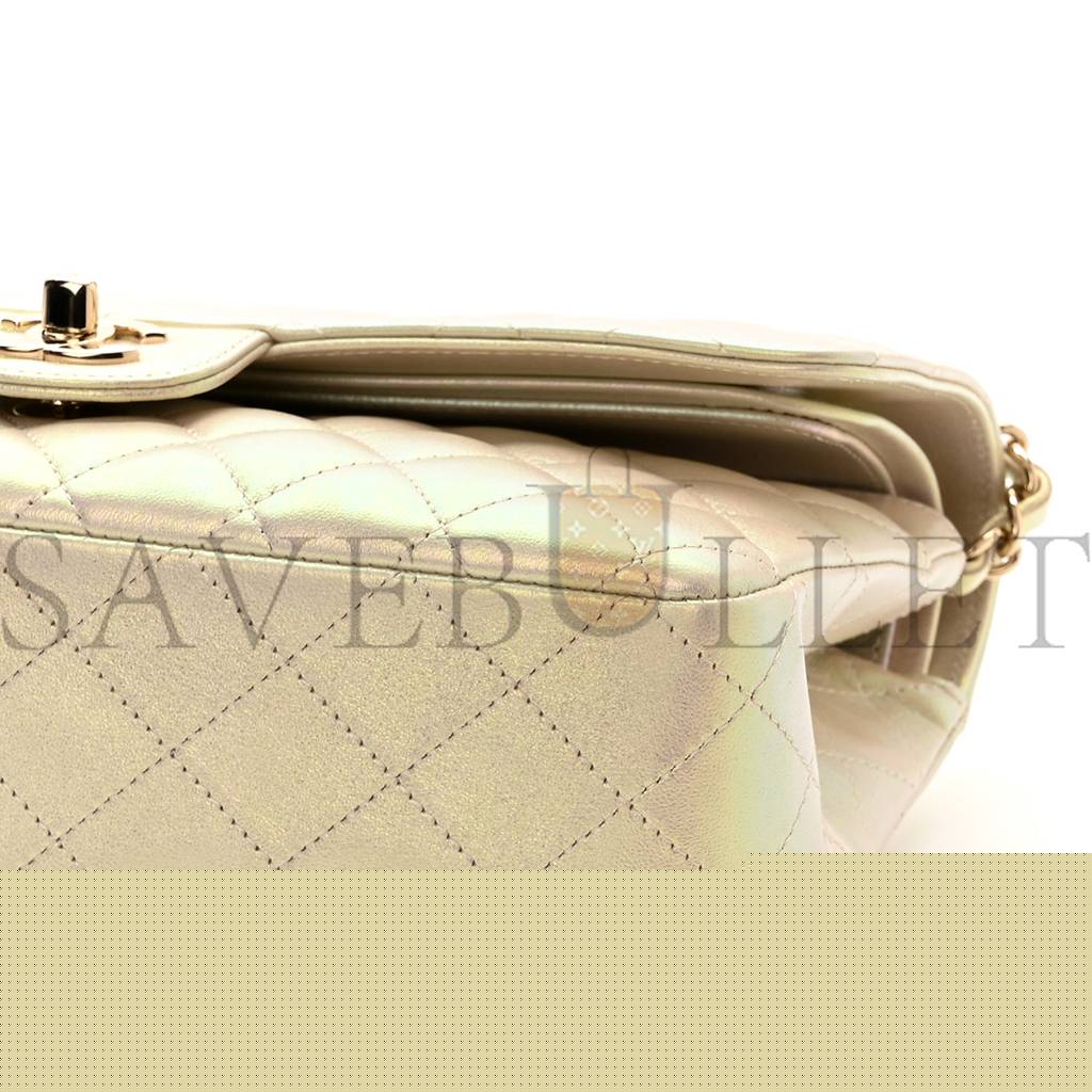 Ch*el iridescent lambskin quilted medium double flap ivory rose gold hardware (25*15*6cm)