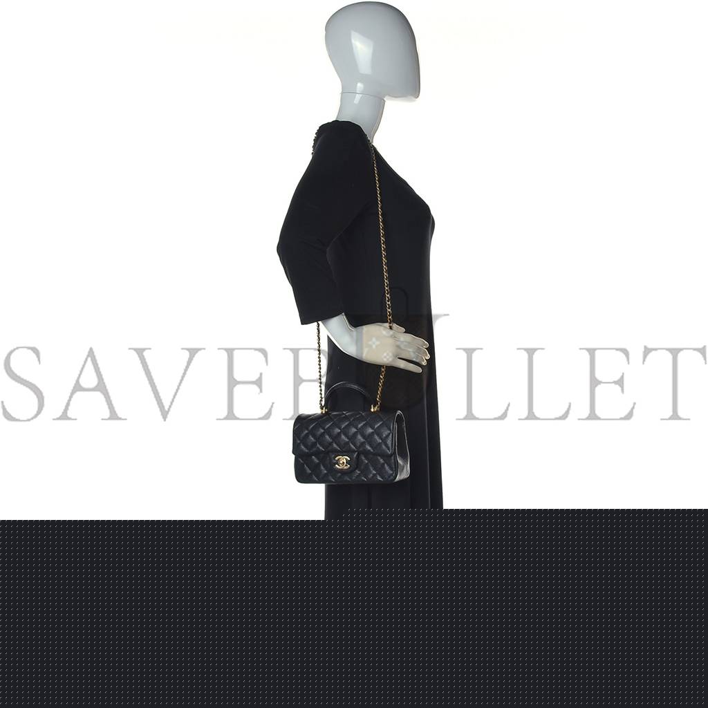 Ch*el caviar quilted mini top handle rectangular flap black gold hardware (20*13*6cm)