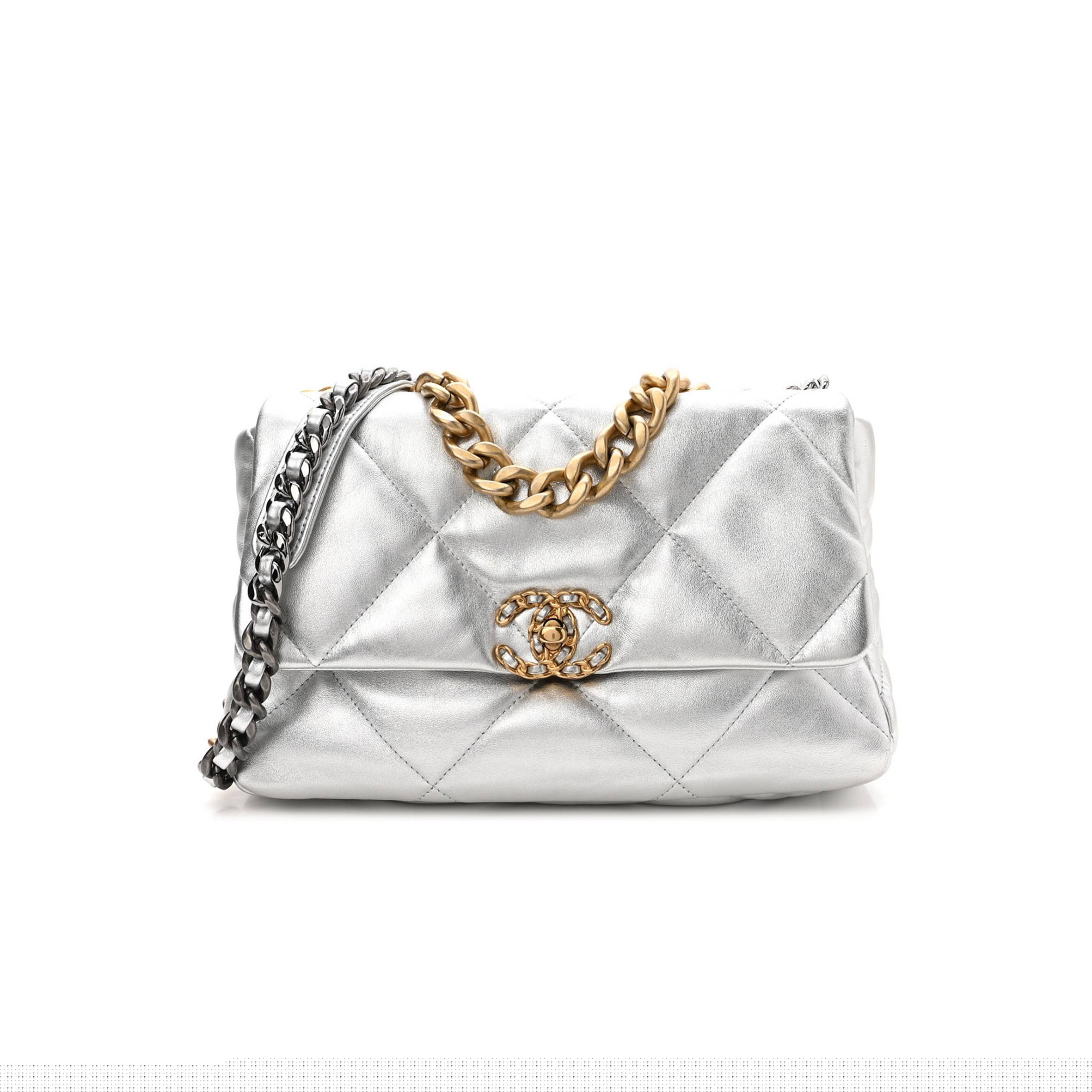 Ch*el metallic goatskin quilted large Ch*el 19 flap silver gold hardware (30*21*9cm)