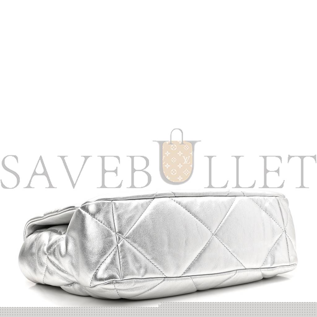 Ch*el metallic goatskin quilted large Ch*el 19 flap silver gold hardware (30*21*9cm)