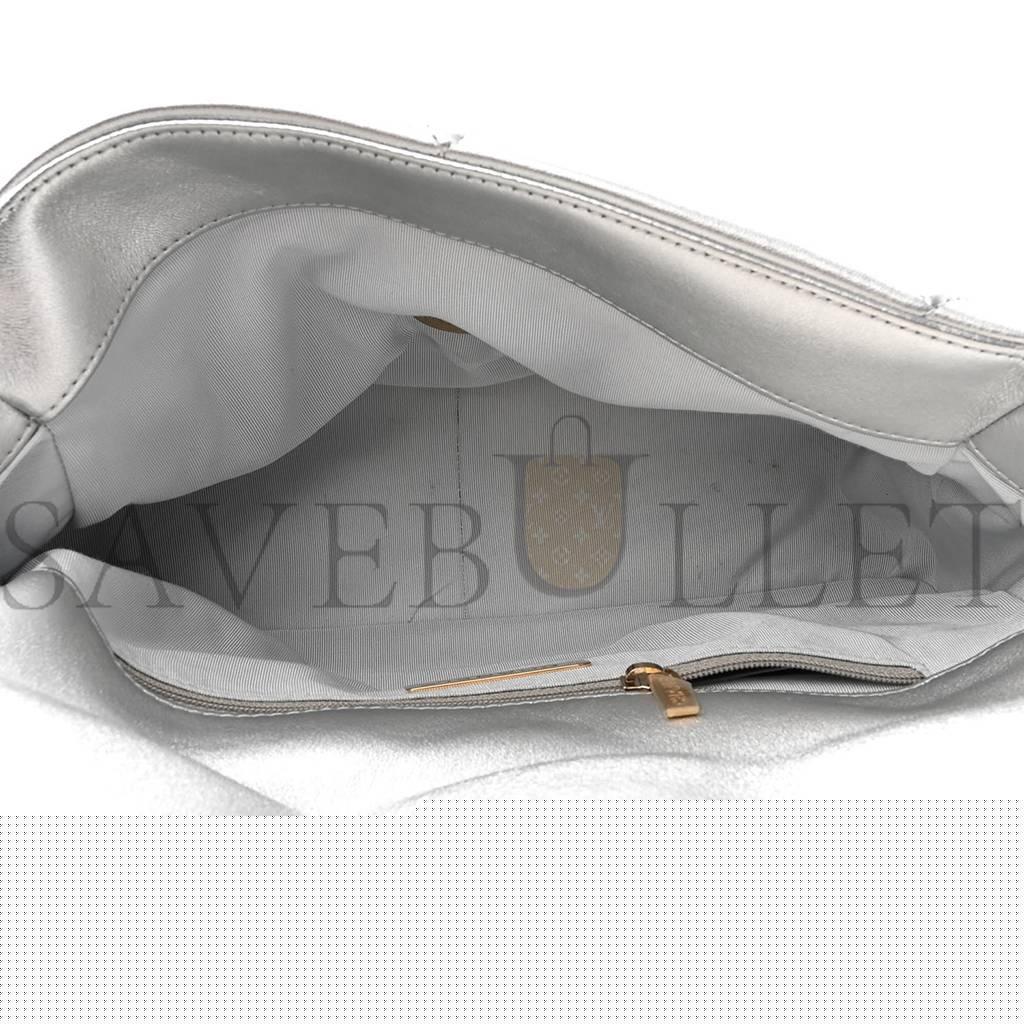 Ch*el metallic goatskin quilted large Ch*el 19 flap silver gold hardware (30*21*9cm)