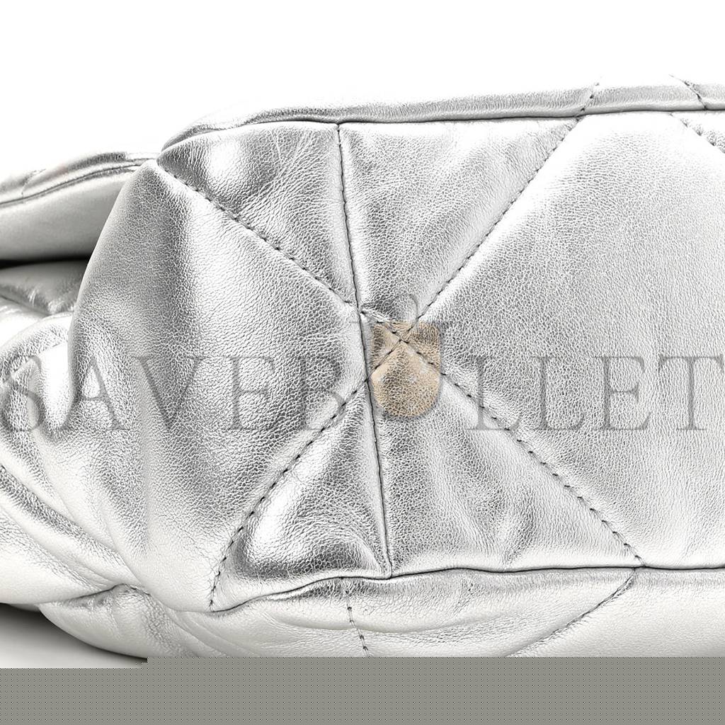Ch*el metallic goatskin quilted large Ch*el 19 flap silver gold hardware (30*21*9cm)