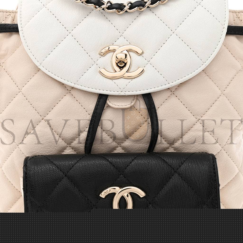 Ch*el goatskin quilted duma drawstring backpack beige black white rose gold hardware (23*22*12cm)