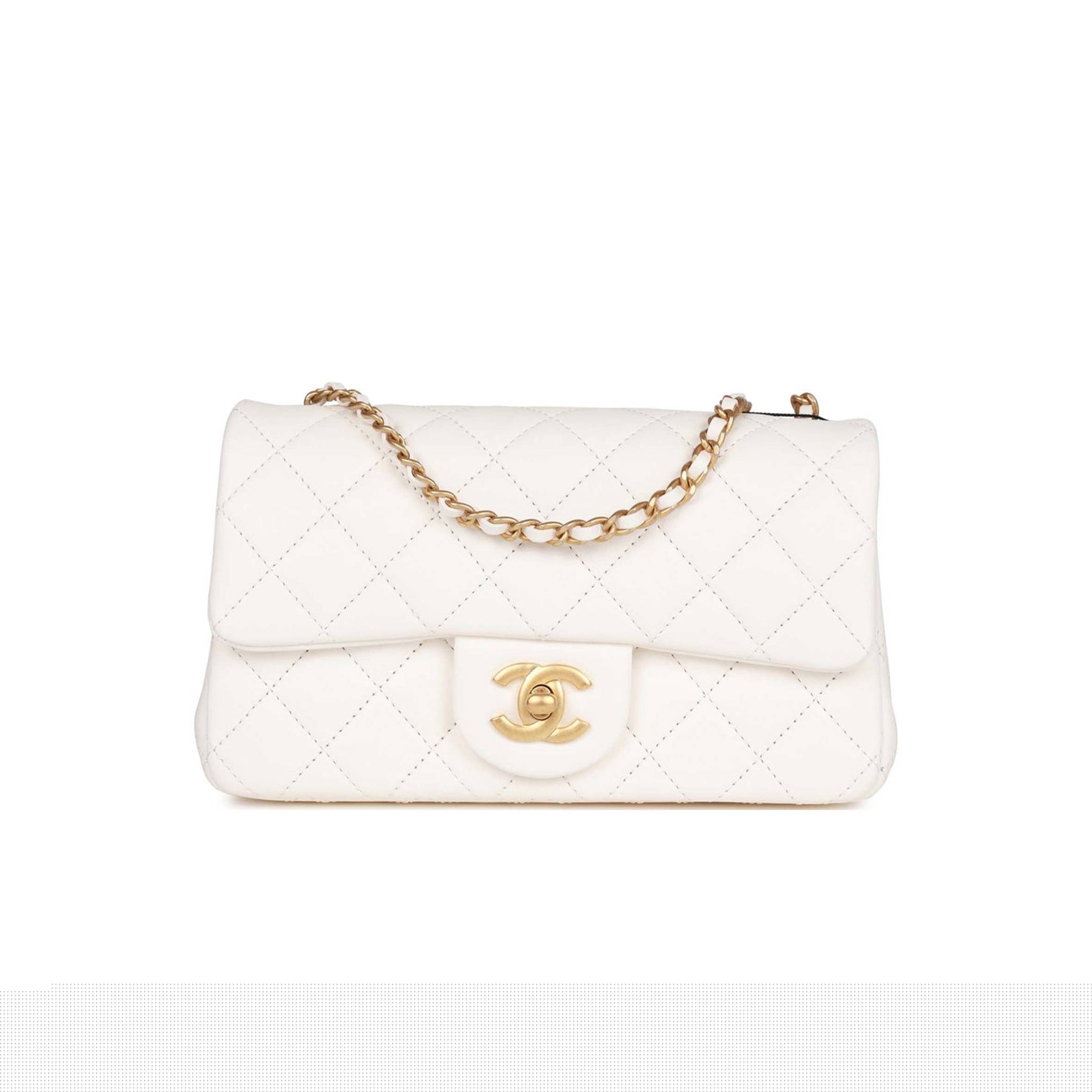 Ch*el pearl crush mini rectangular flap bag white lambskin antique gold hardware (20*13*6cm)