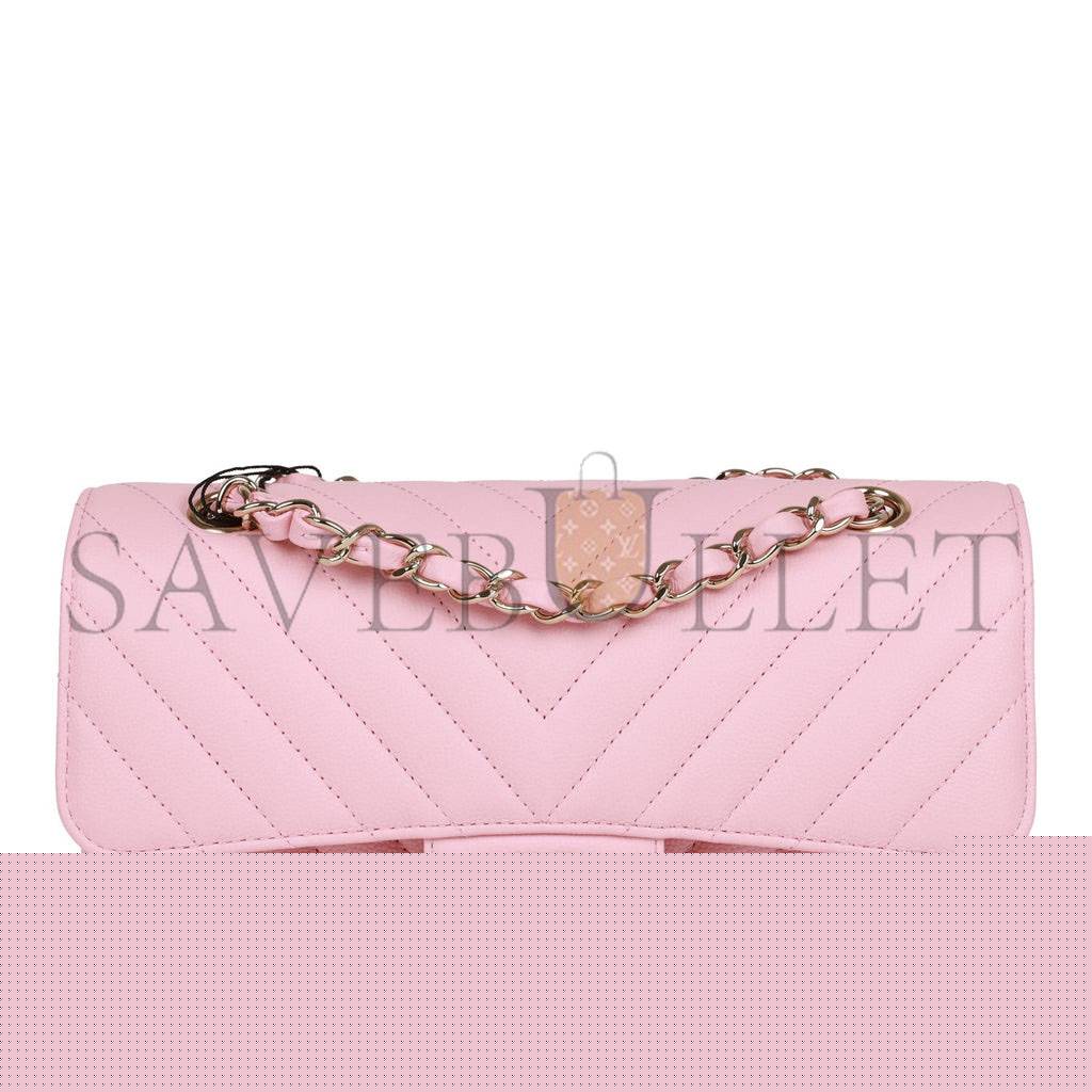 Ch*el small chevron classic double flap pink calfskin light gold hardware (23*13*6cm)