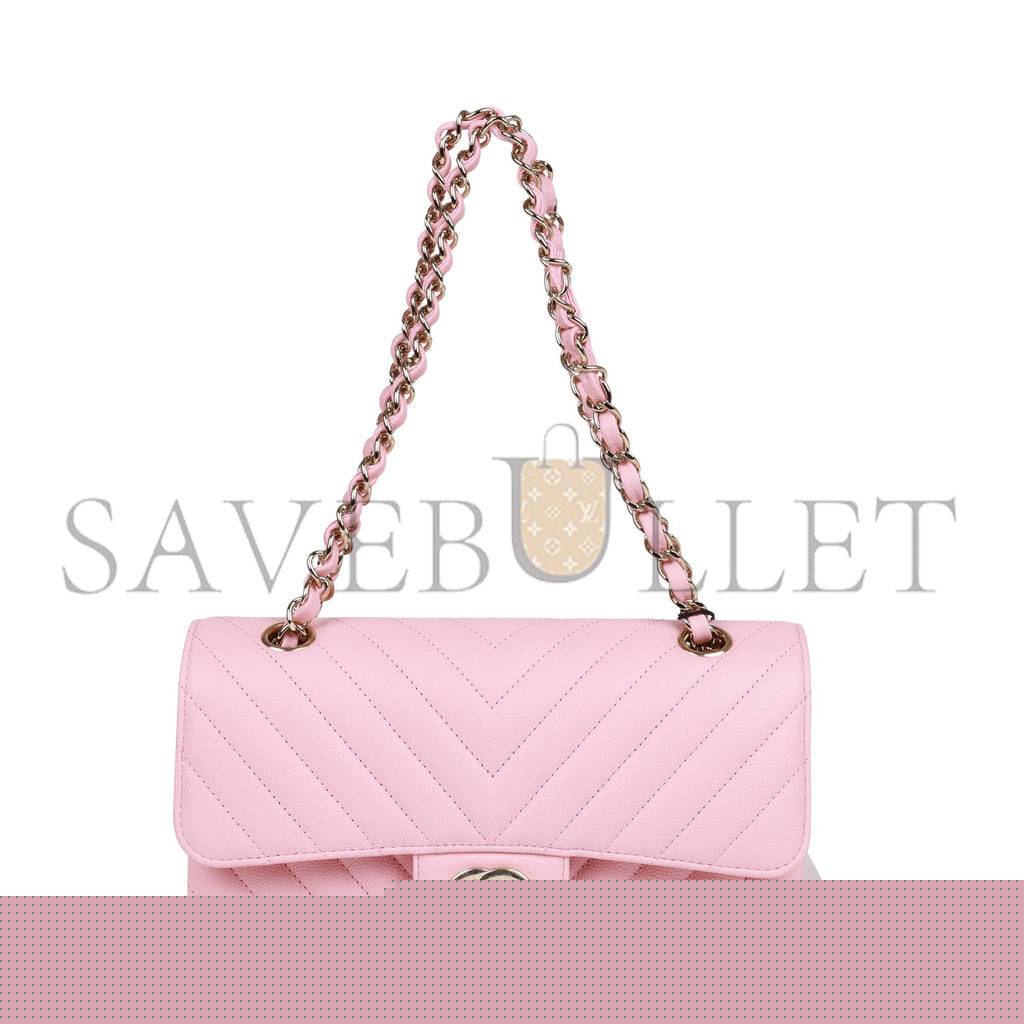 Ch*el small chevron classic double flap pink calfskin light gold hardware (23*13*6cm)