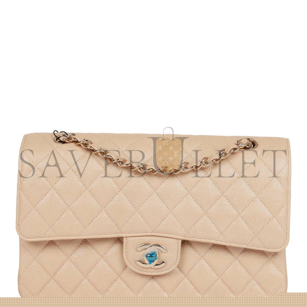 Ch*el medium classic double flap bag beige iridescent caviar light gold hardware (25*15*7cm)