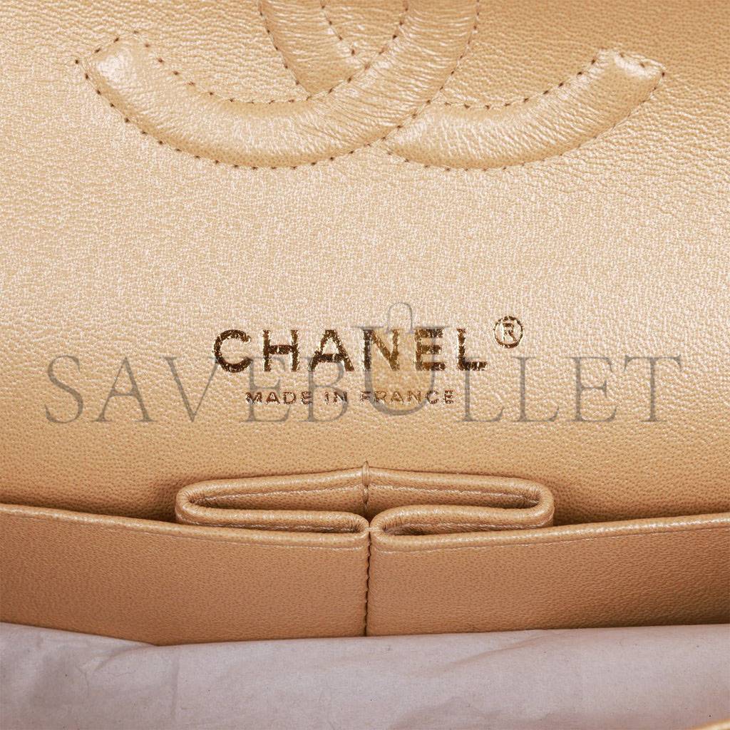 Ch*el medium classic double flap bag beige iridescent caviar light gold hardware (25*15*7cm)