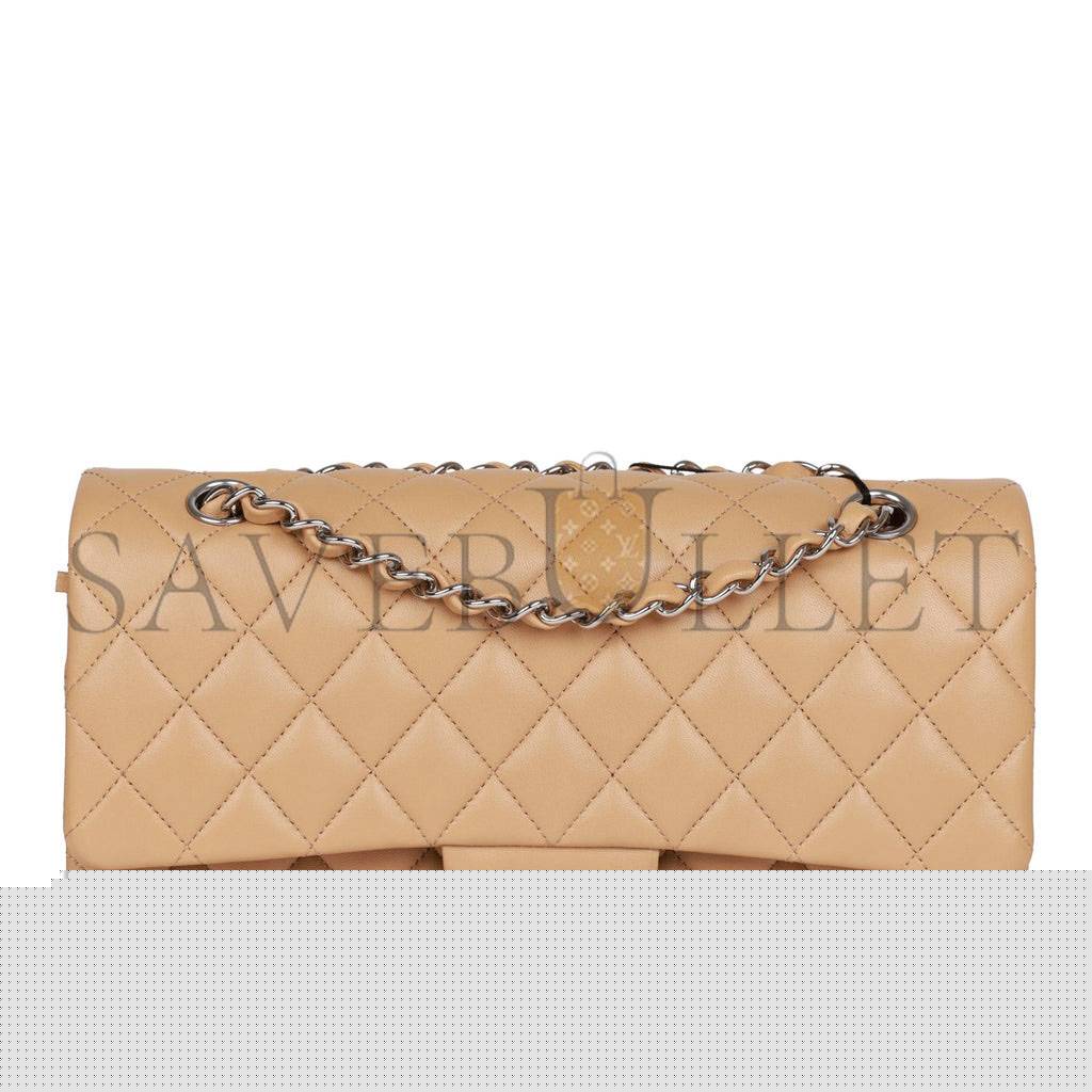 Ch*el medium classic double flap bag beige lambskin silver hardware (25*15*7cm)