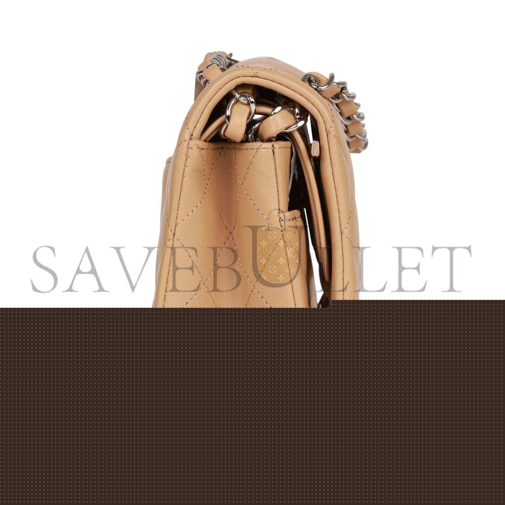 Ch*el medium classic double flap bag beige lambskin silver hardware (25*15*7cm)