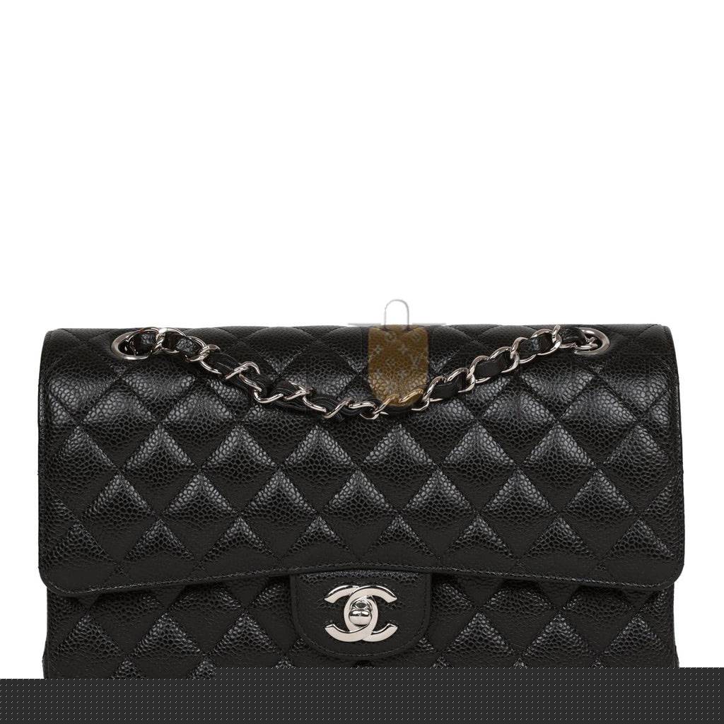 Ch*el medium classic double flap bag black quilted caviar silver hardware (25*15*7cm)