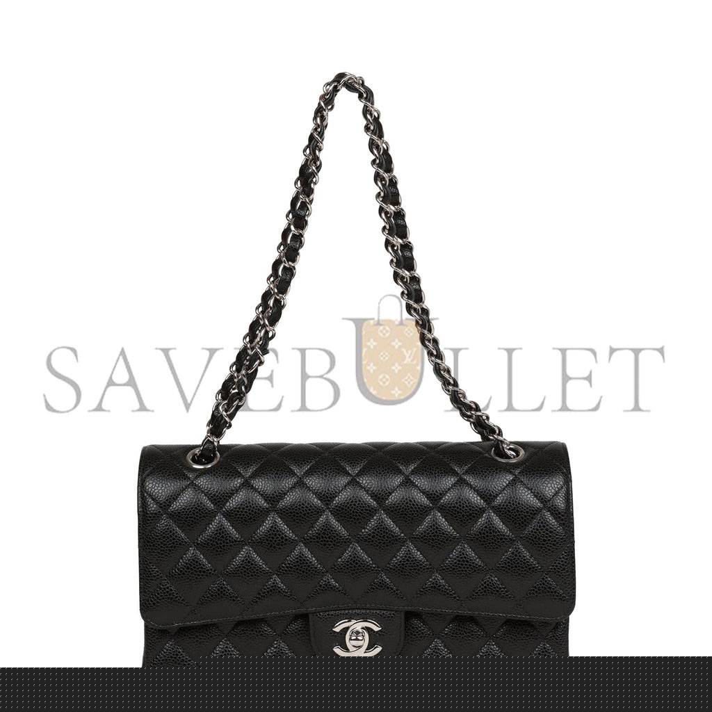 Ch*el medium classic double flap bag black quilted caviar silver hardware (25*15*7cm)