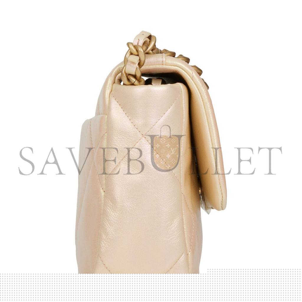 Ch*el medium 19 flap bag rose iridescent calfskin mixed hardware (25*16*9cm)