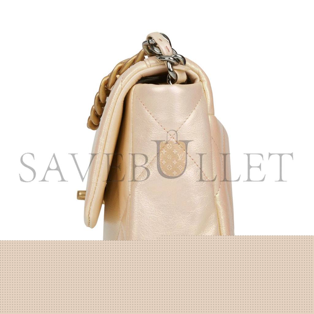 Ch*el medium 19 flap bag rose iridescent calfskin mixed hardware (25*16*9cm)
