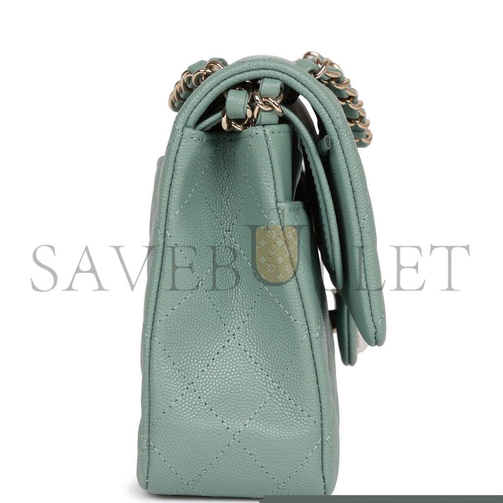 Ch*el medium classic double flap bag green caviar light gold hardware (25*15*7cm)