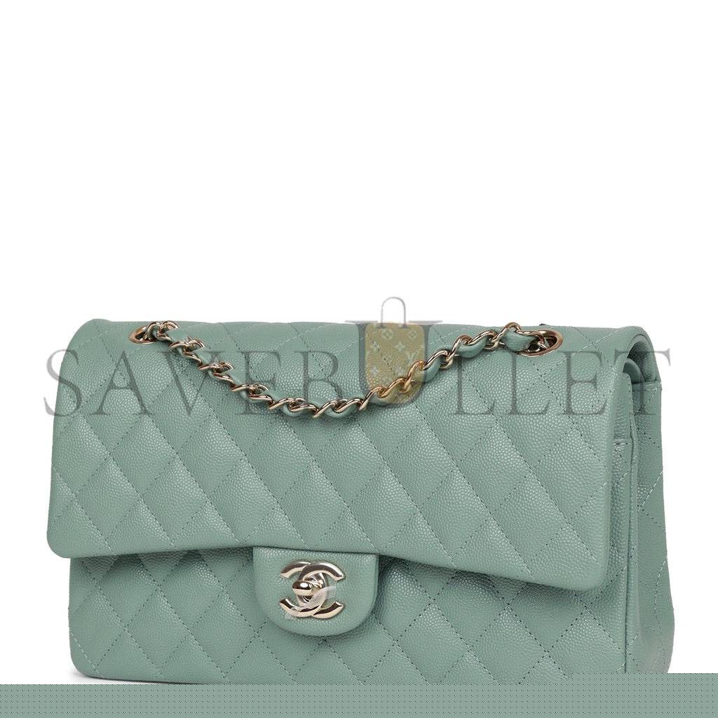 Ch*el medium classic double flap bag green caviar light gold hardware (25*15*7cm)