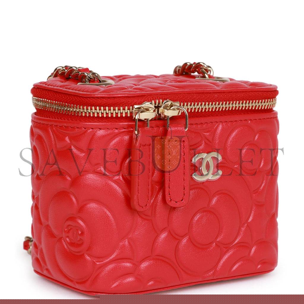 Ch*el camellia mini vanity case red lambskin light gold hardware (11*9*8cm)
