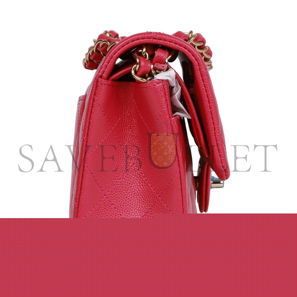 Ch*el small classic double flap fuchsia caviar light gold hardware (23*13*6cm)
