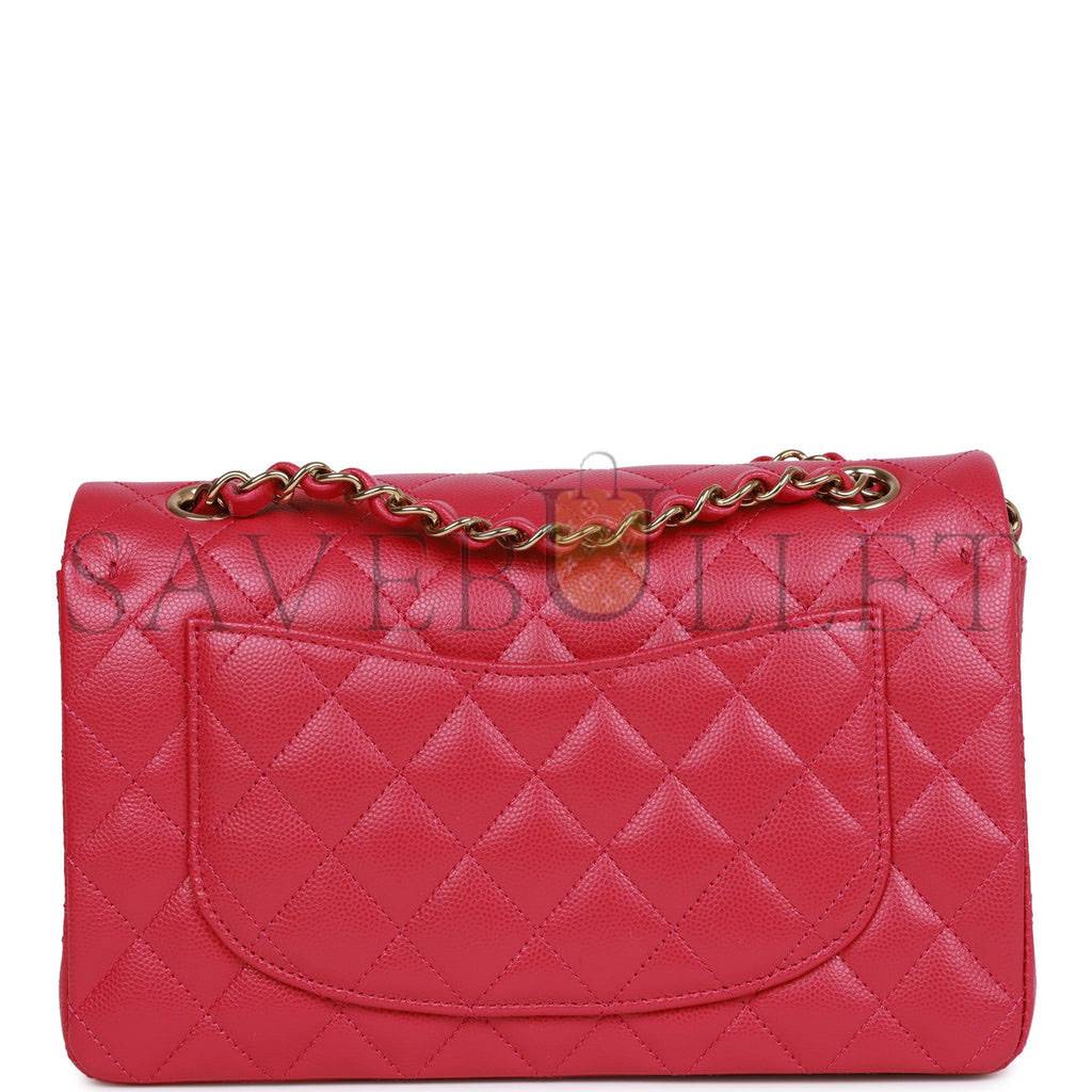 Ch*el small classic double flap fuchsia caviar light gold hardware (23*13*6cm)
