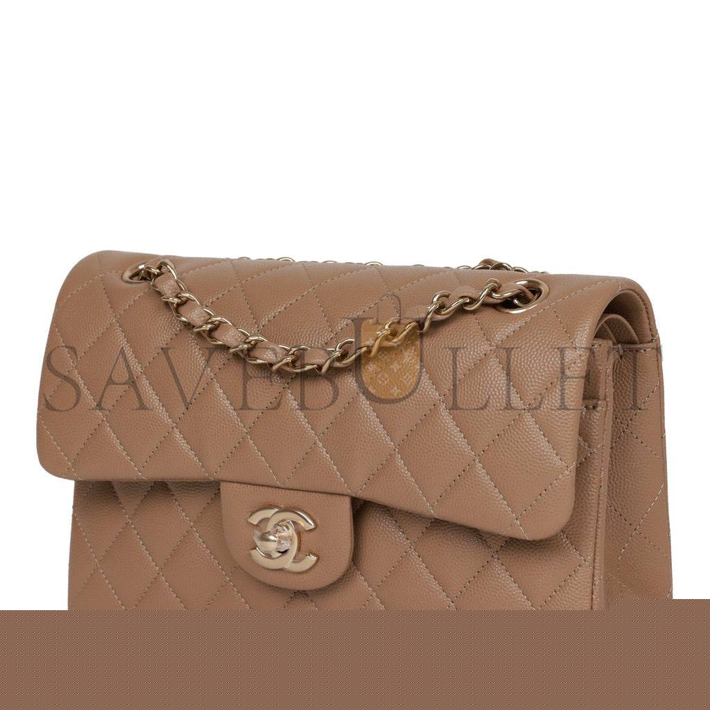 Ch*el small classic double flap dark beige caviar light gold hardware (23*13*6cm)